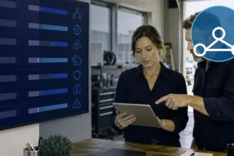 Home service business team planning contractor technology stack template for small, growing and multi-location companies with a digital operations dashboard