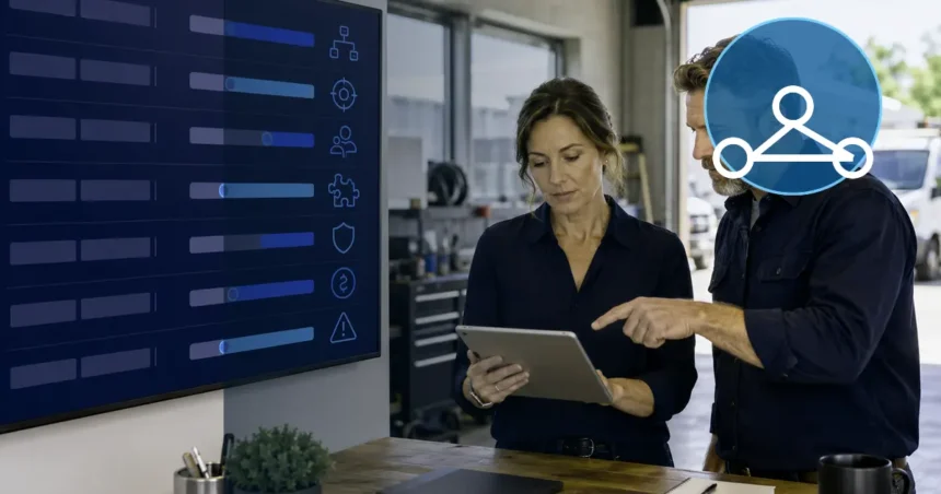 Home service business team planning contractor technology stack template for small, growing and multi-location companies with a digital operations dashboard