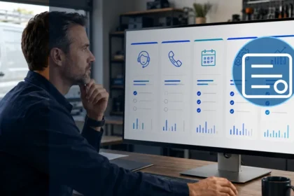 Home service business team planning estimating software vs. proposal software for contractors with a digital operations dashboard