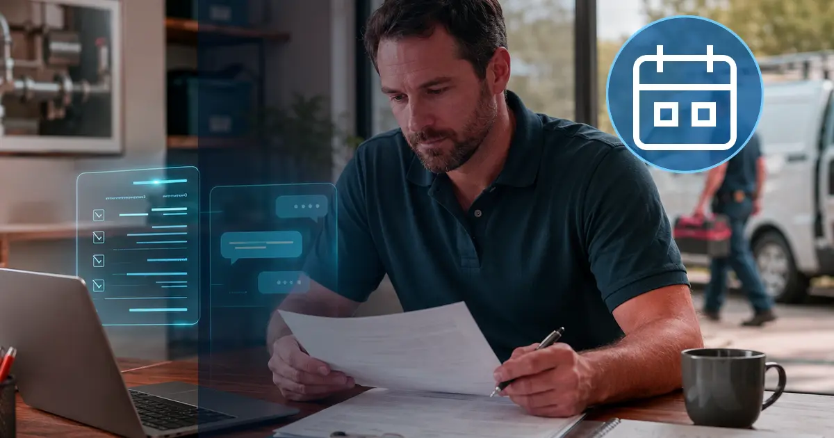 Home service business team planning field service management software with a digital operations dashboard