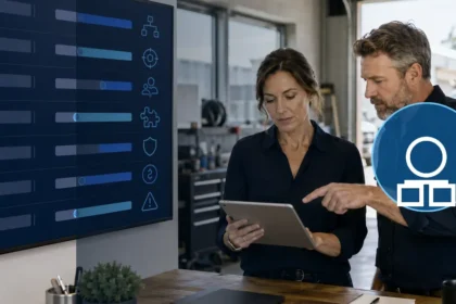 Home service business team planning free contractor software vs. paid platforms with a digital operations dashboard