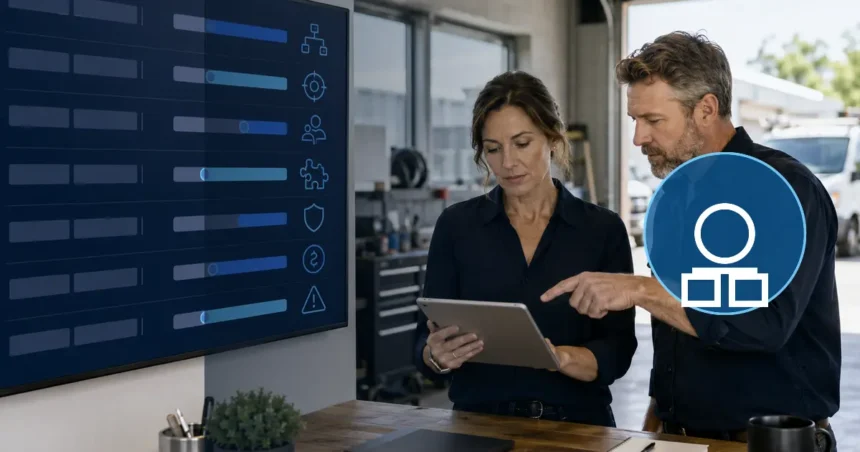 Home service business team planning free contractor software vs. paid platforms with a digital operations dashboard