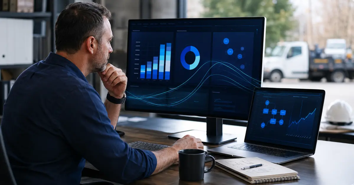 Home service business team planning how ai can find patterns in lost estimates with a digital operations dashboard