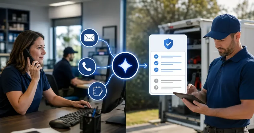 Home service business team planning how contractors can use ai to summarize emails, calls and job notes with a digital operations dashboard
