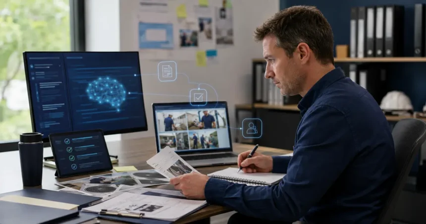 Home service business team planning how contractors can use ai without misleading customers with a digital operations dashboard