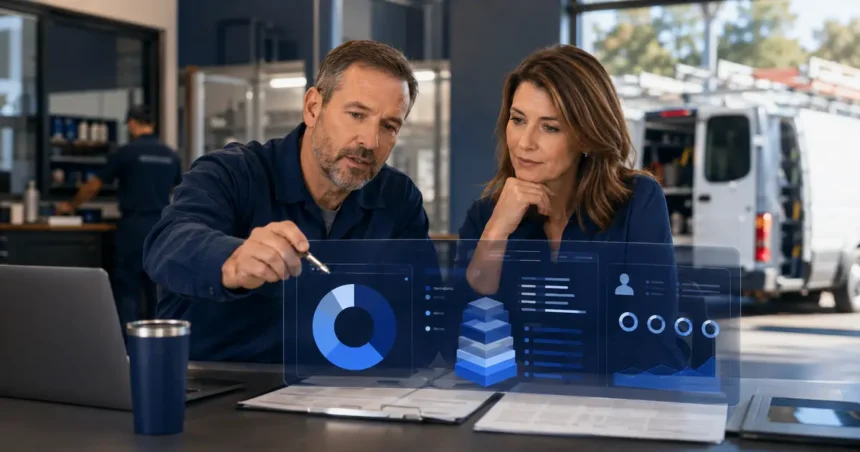 Home service business team planning how much does ai cost for a home service business with a digital operations dashboard