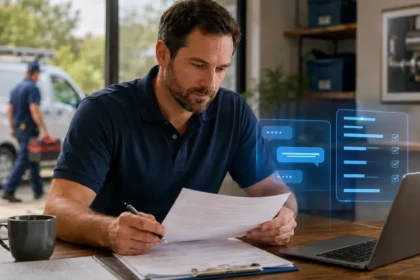 Home service business team planning how much should a home service company spend on software with a digital operations dashboard
