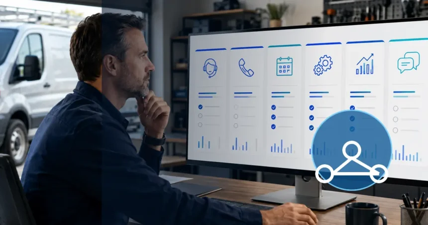Home service business team planning audit your contractor software stack with a digital operations dashboard
