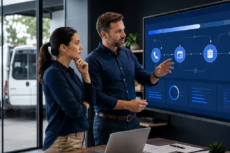 Home service business team planning build an ai adoption plan for your home service company with a digital operations dashboard