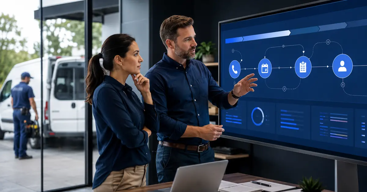 Home service business team planning build an ai adoption plan for your home service company with a digital operations dashboard