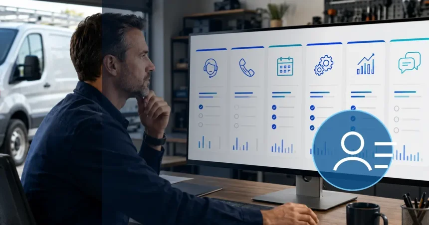 Home service business team planning choose a crm for a home service business with a digital operations dashboard
