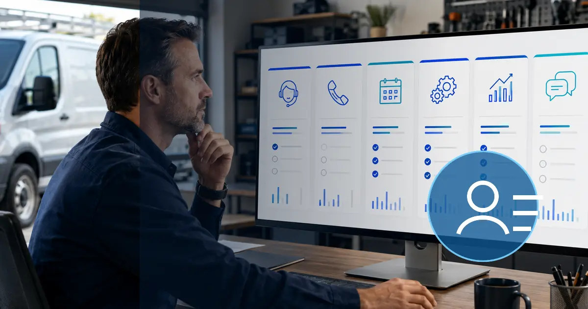Home service business team planning choose a crm for a home service business with a digital operations dashboard