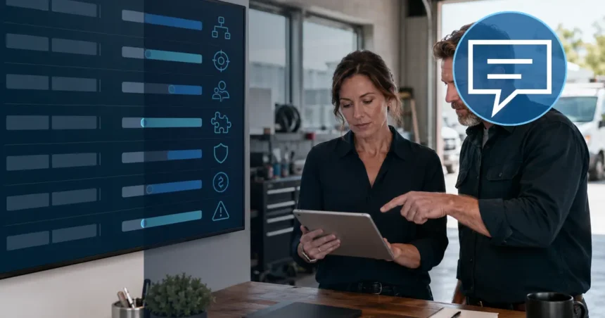 Home service business team planning choose call-tracking software for a contractor with a digital operations dashboard