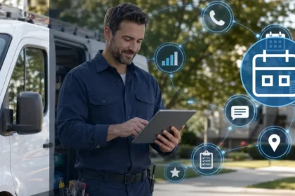 Home service business team planning choose field service software for a growing team with a digital operations dashboard