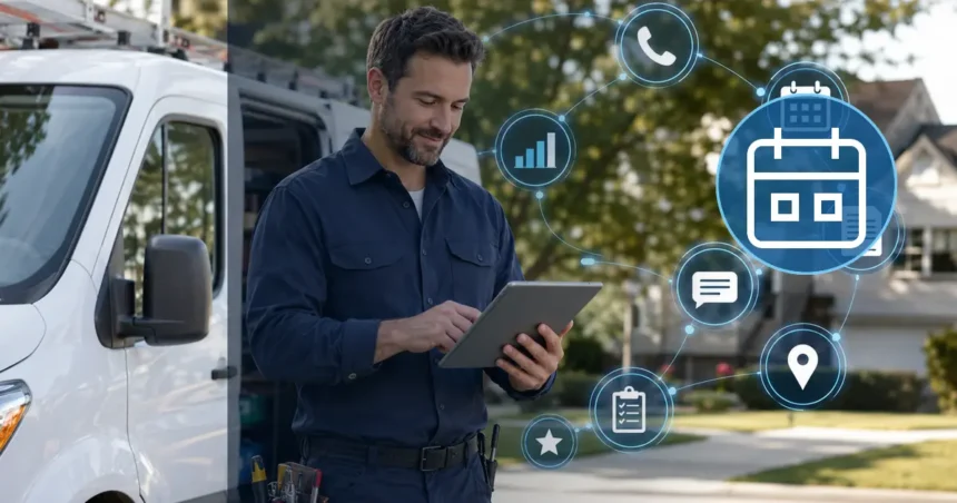 Home service business team planning choose field service software for a growing team with a digital operations dashboard
