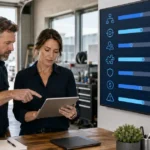 Home service business team planning choose software for a contracting business with a digital operations dashboard