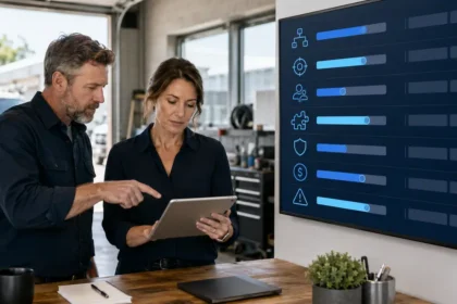 Home service business team planning choose software for a contracting business with a digital operations dashboard