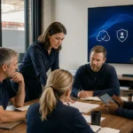 Home service business team planning create an ai use policy for your contracting company with a digital operations dashboard