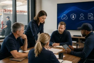 Home service business team planning create an ai use policy for your contracting company with a digital operations dashboard