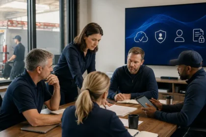 Home service business team planning create an ai use policy for your contracting company with a digital operations dashboard
