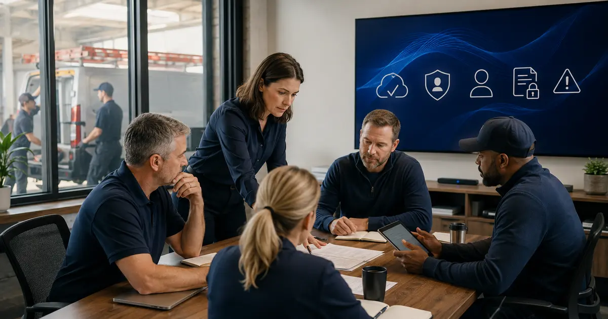 Home service business team planning create an ai use policy for your contracting company with a digital operations dashboard