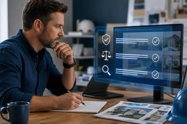 Home service business team planning fact-check ai-written content for a home service website with a digital operations dashboard