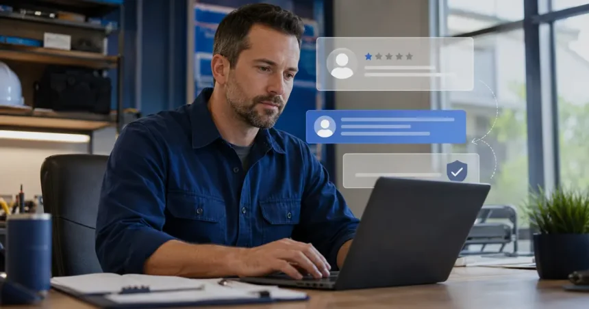 Home service business team planning use ai to respond to negative reviews without sounding robotic with a digital operations dashboard