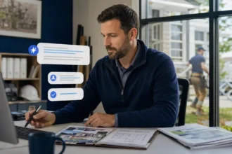 Home service business team planning use ai to write better estimate follow-up messages with a digital operations dashboard