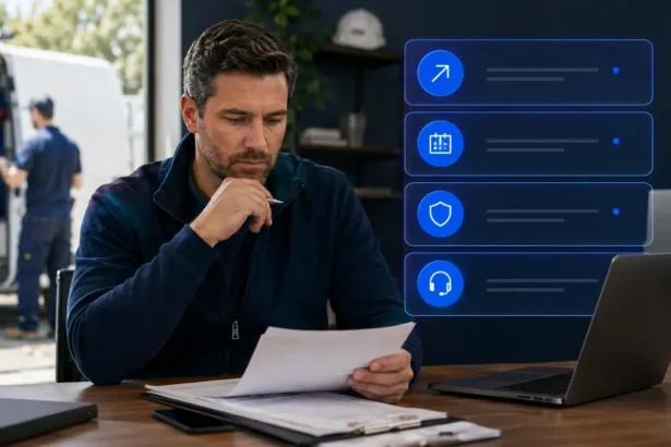 Home service business team planning questions to ask before hiring an ai receptionist provider with a digital operations dashboard