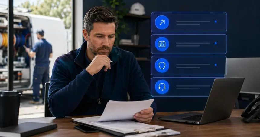 Home service business team planning questions to ask before hiring an ai receptionist provider with a digital operations dashboard
