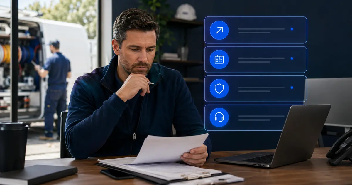 Home service business team planning questions to ask before hiring an ai receptionist provider with a digital operations dashboard