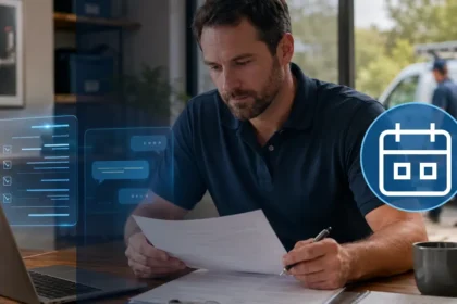 Home service business team planning scheduling software vs. dispatch software with a digital operations dashboard