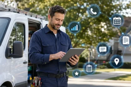 Home service business team planning ai in home services with a digital operations dashboard