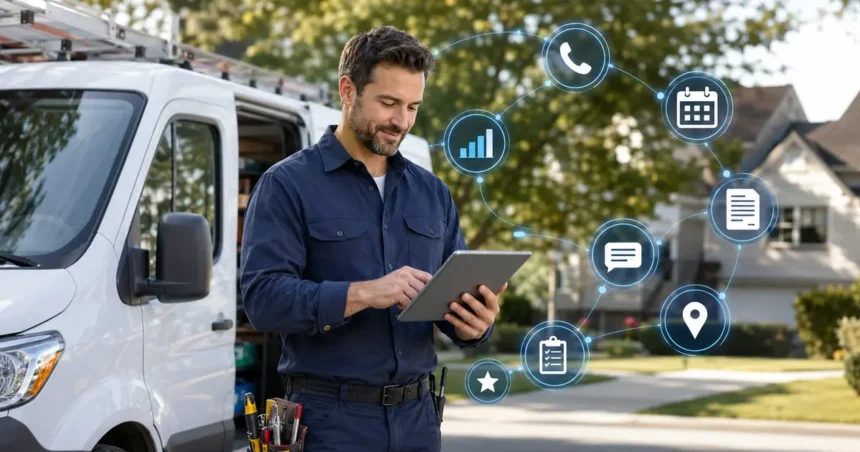 Home service business team planning ai in home services with a digital operations dashboard