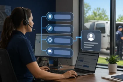 Home service business team planning what your contractor chatbot should ask every new lead with a digital operations dashboard