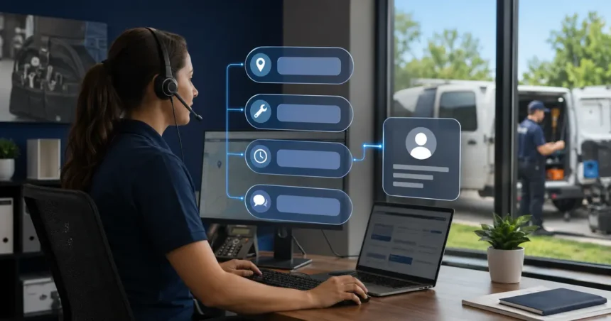 Home service business team planning what your contractor chatbot should ask every new lead with a digital operations dashboard