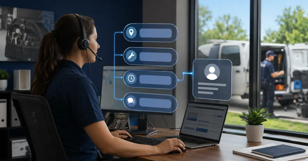 Home service business team planning what your contractor chatbot should ask every new lead with a digital operations dashboard